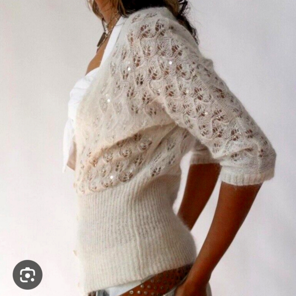 Vintage Ann Tayor Loft Cardigan Sequins And Beads Ivory Wool Size XS - Picture 1 of 9